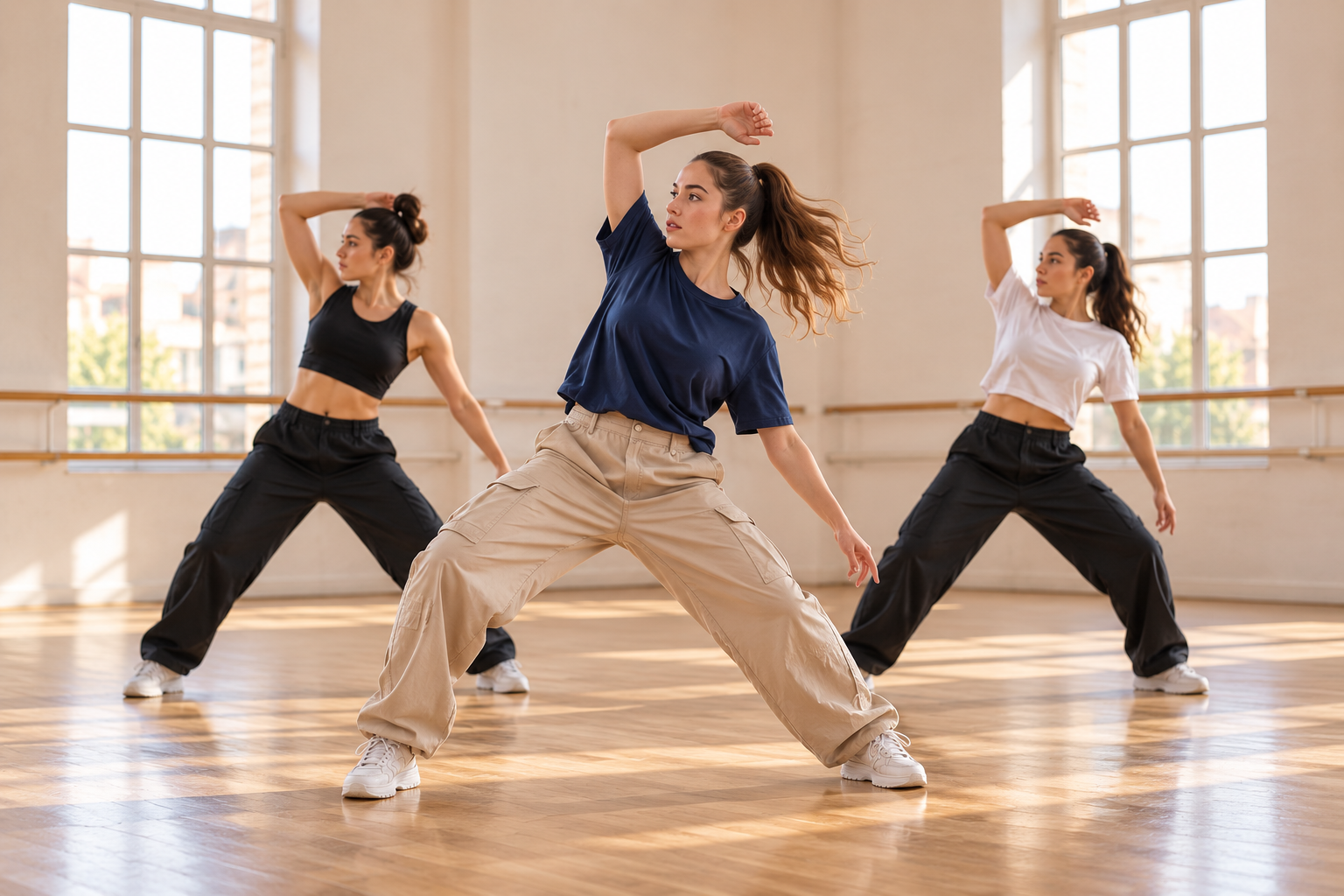 Tres bailarinas practicando movimientos de brazos y coordinación durante una clase de funky
