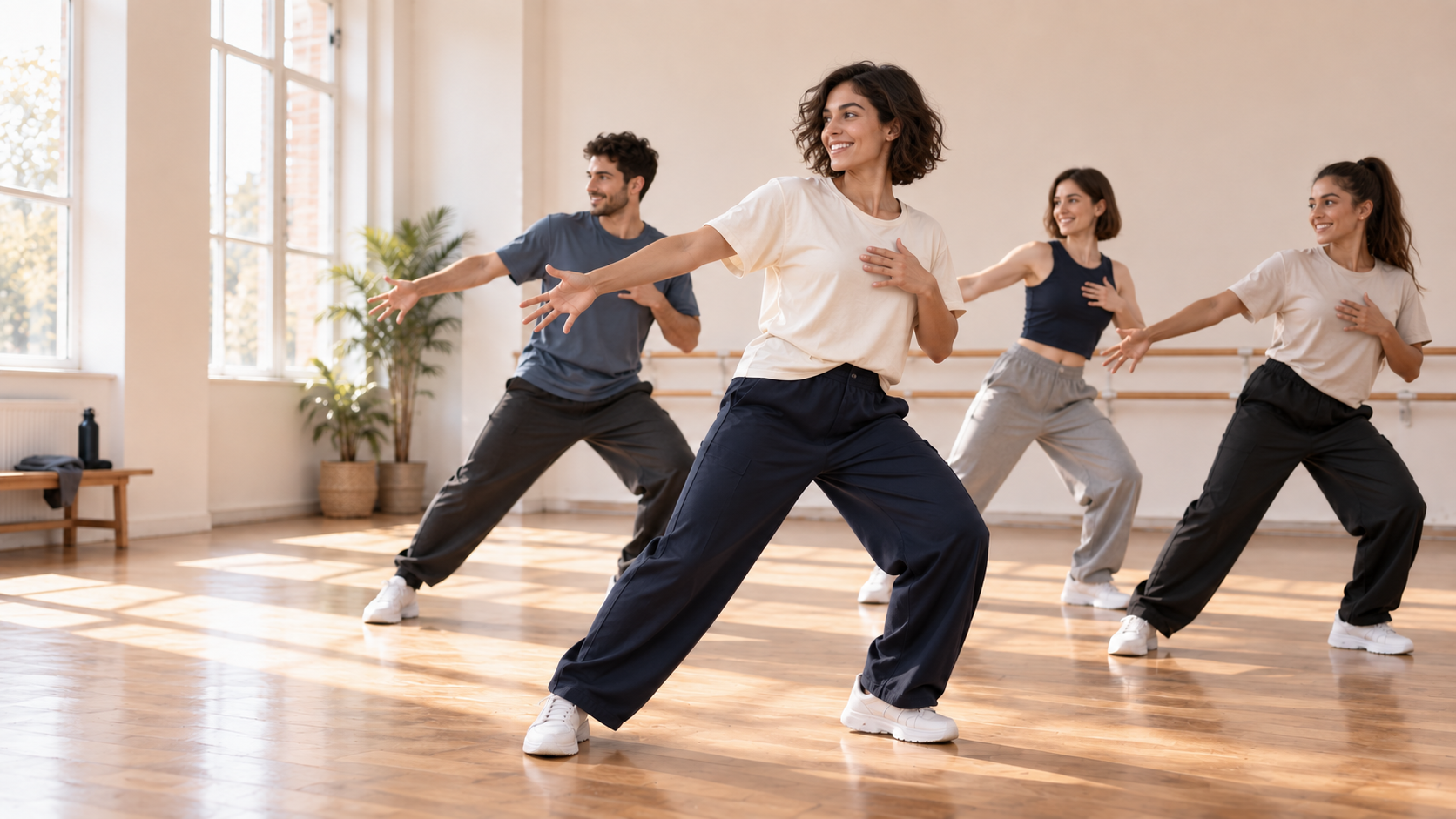 Grupo de bailarines practicando una coreografía de Jazz Funk en un aula luminosa